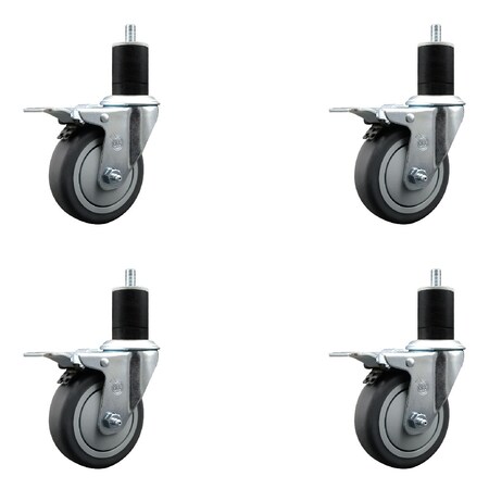 Service Caster 4'' Thermoplastic Rubber Swivel 1-3/4'' Expanding Stem Caster Set Total Lock Brake, 4PK SCC-EXTTL20S414-TPRB-134-4